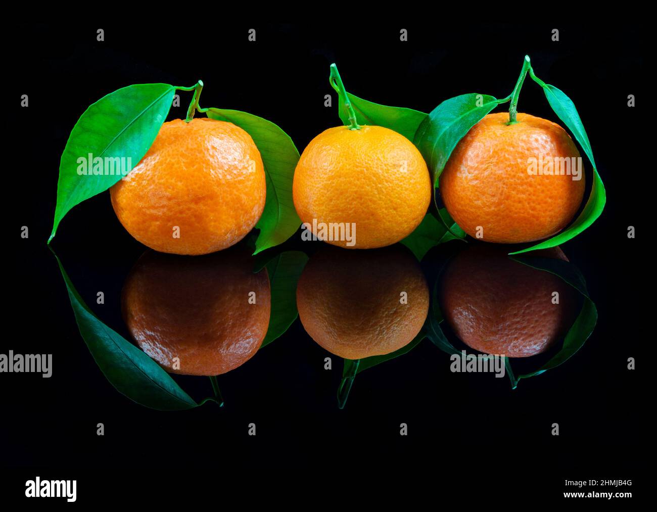 Mandarinen auf reflektierendem schwarzem Studiohintergrund Stockfoto