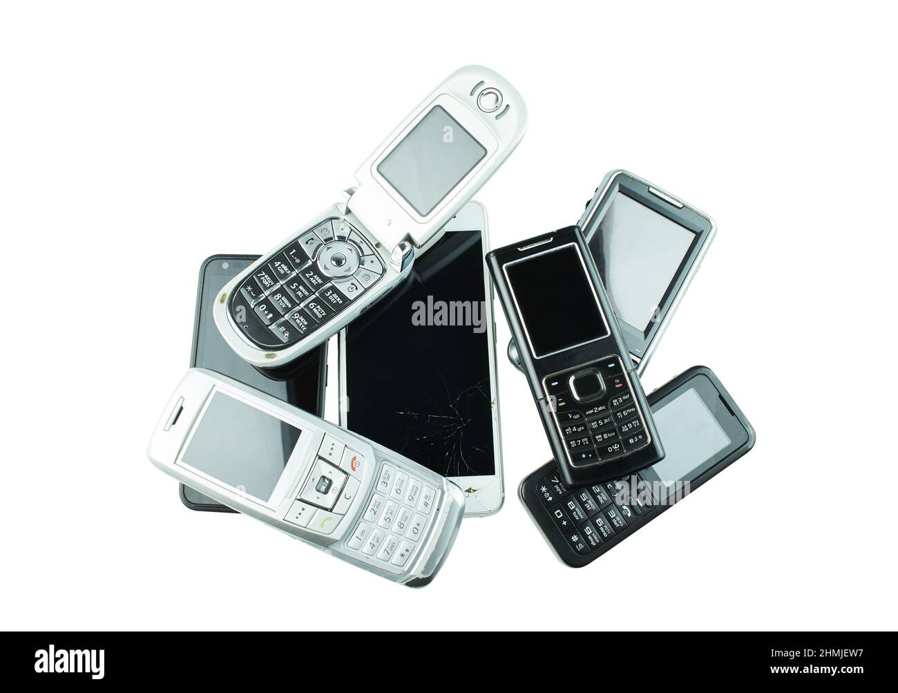 Altes und veraltetes Mobiltelefon auf weißem Hintergrund isoliert. Stockfoto