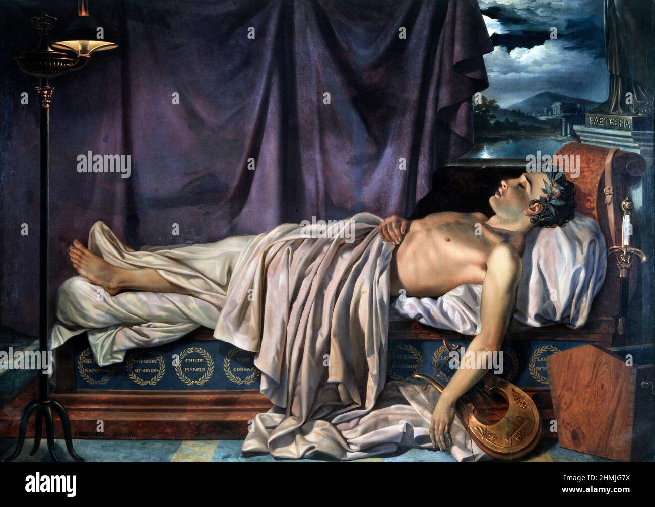 Der Tod von Byron. Lord Byron auf seinem Sterbebett von Joseph Denis Odevaere (1775-1830), Öl auf Leinwand, c. 1826 Stockfoto