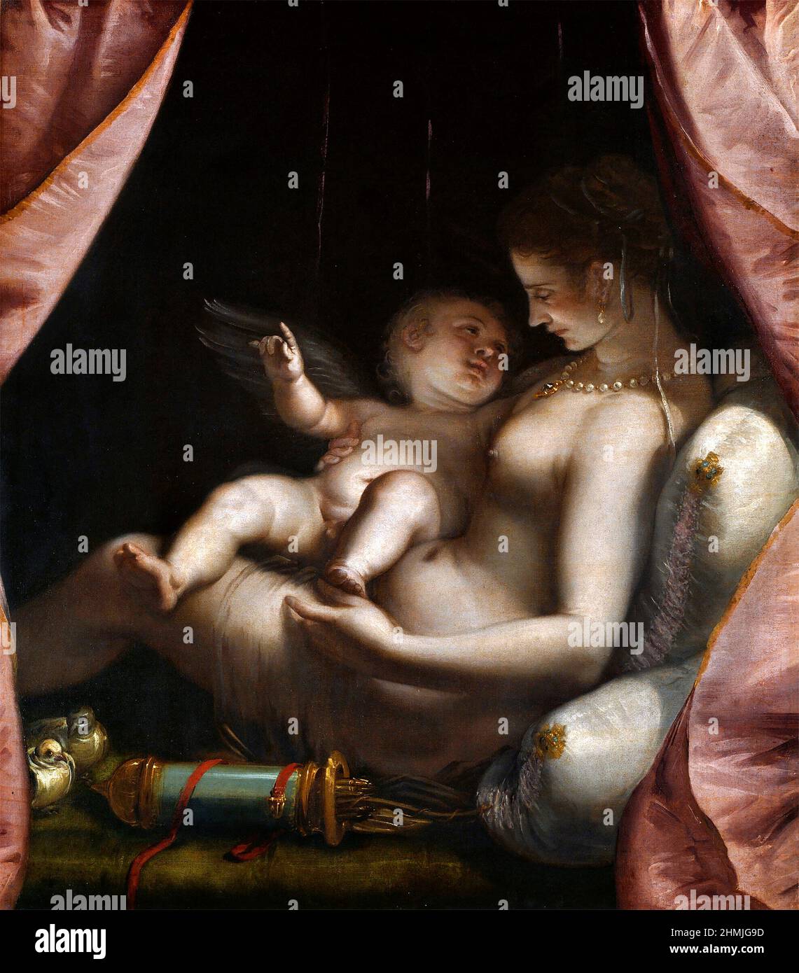 Venus und Amor des italienischen Künstlers Luca Cambiaso (1527-1585), Öl auf Leinwand, c. 1570 Stockfoto