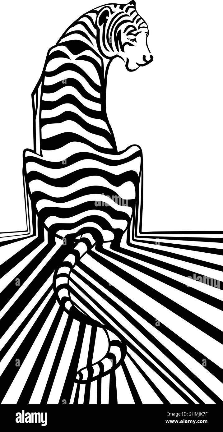Sitzender gestreifter Tiger, schwarz-weiße lineare Tuschezeichnung. Stock Vektor