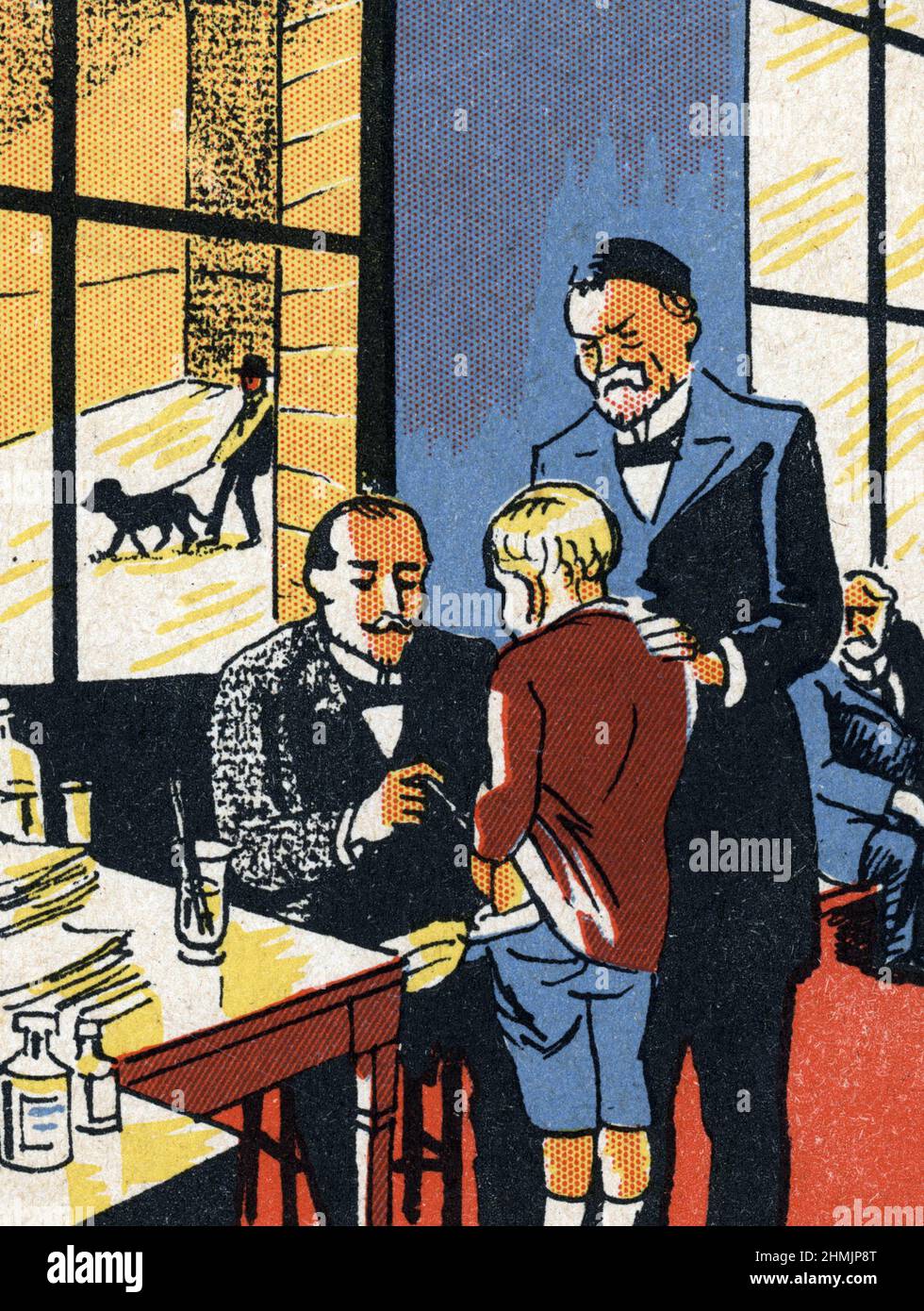 „Louis pasteur (1822-1895) et Jacques-Joseph Grancher (1843-1907) inoculant le Vaccin contre la rage au Petit alsacien Joseph Meister le 6 juillet 1885“ (Louis Pasteur impft Joseph Meister am 6. Juli 1885 den ersten Tollwutimpfstoff ein, nachdem der Junge von einem tollwütigen Hund schwer misshandelt wurde) Chromolithographie du Debut du 20eme siecle Collection privee Stockfoto
