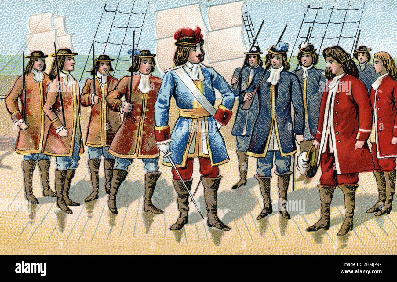 Repräsentation du jeune corsaire Jean Bart (1650-1702) au Service du roi de France Pendant la guerre de Hollande (1672-1678) 1675 (französischer Marinekommandant und Privatfahrer Jean Bart 1675) Chromolithographie de la fin du 19eme siecle Collection privee Stockfoto