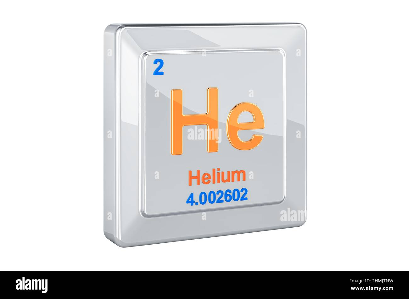 Helium He, Chemisches Element Zeichen. 3D-Rendering isoliert auf weißem Hintergrund Stockfoto