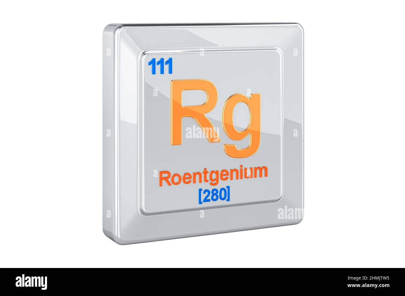 Roentgenium Rg, Chemisches Element Zeichen. 3D-Rendering isoliert auf weißem Hintergrund Stockfoto