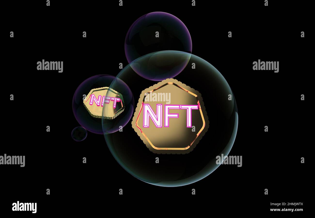NFT in einer Blase, nicht fungible Token, Krypto-Kunst auf farbenfrohem abstrakten Hintergrund. Zahlen Sie für einzigartige Sammlerstücke in Spielen oder Kunst. 3D Render Crypto Art Co Stockfoto