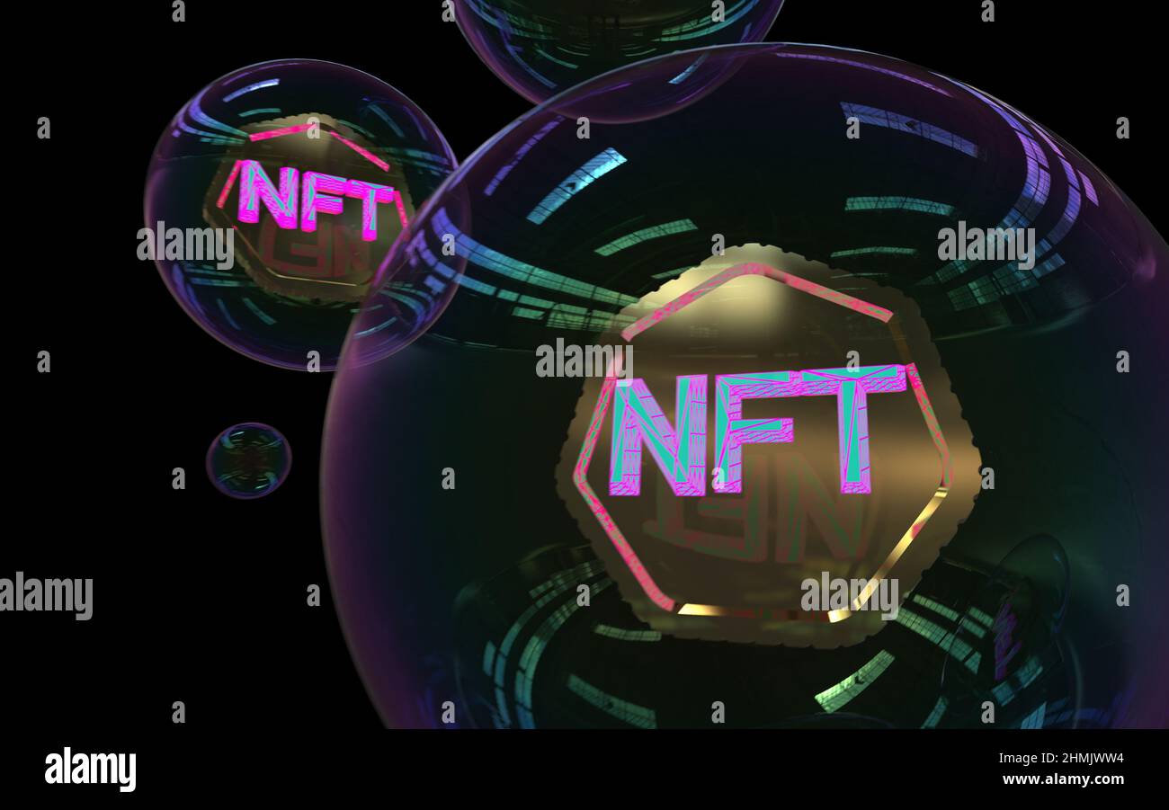 NFT in einer Blase, nicht fungible Token, Krypto-Kunst auf farbenfrohem abstrakten Hintergrund. Zahlen Sie für einzigartige Sammlerstücke in Spielen oder Kunst. 3D Render Crypto Art Co Stockfoto