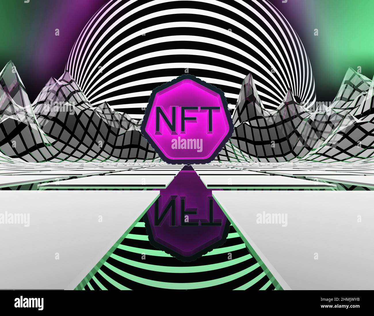 NFT nicht fungible Token Scrypto Art auf farbenfrohem abstrakten Hintergrund. Zahlen Sie für einzigartige Sammlerstücke in Spielen oder Kunst. 3D Render NFT Crypto Art Collectibles Stockfoto
