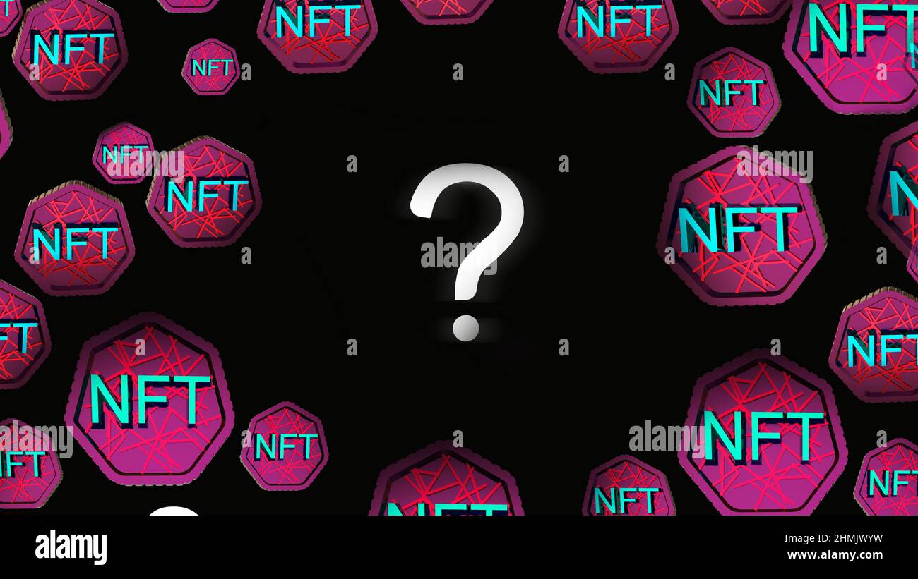 Was sind nft, was ist ein nft, Frage für Anleger, Erklärung, minimaler Neon-Text mit Fragezeichen. Rosa Hintergrund, Research Bar, Web-Banner. Stockfoto