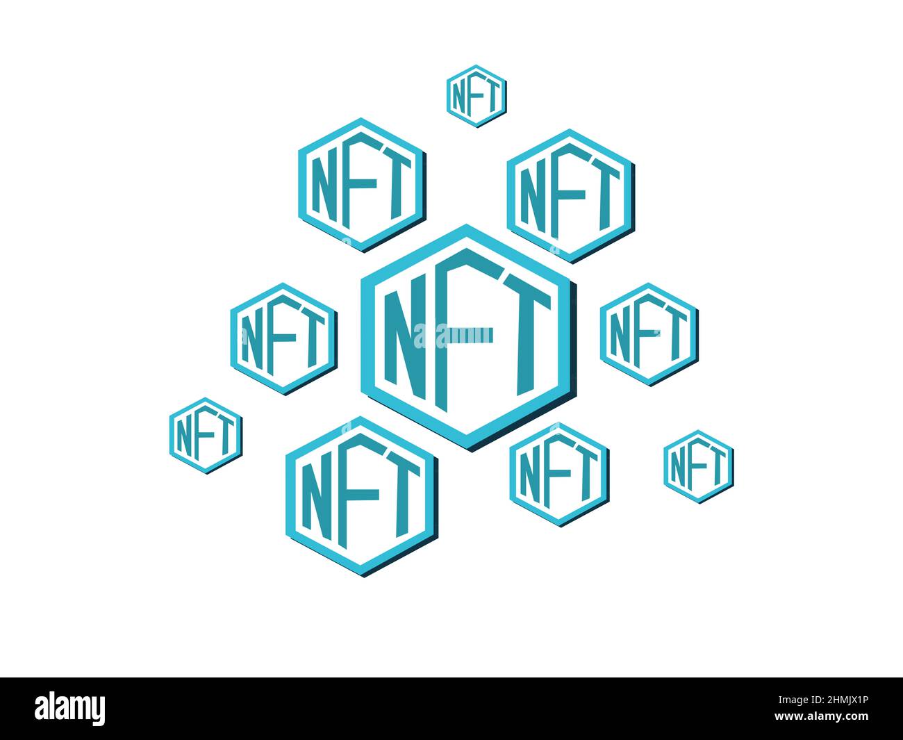 NFT nicht fungible Token Scrypto Art auf farbenfrohem abstrakten Hintergrund. Zahlen Sie für einzigartige Sammlerstücke in Spielen oder Kunst. 3D Render NFT Crypto Art Collectibles Stockfoto