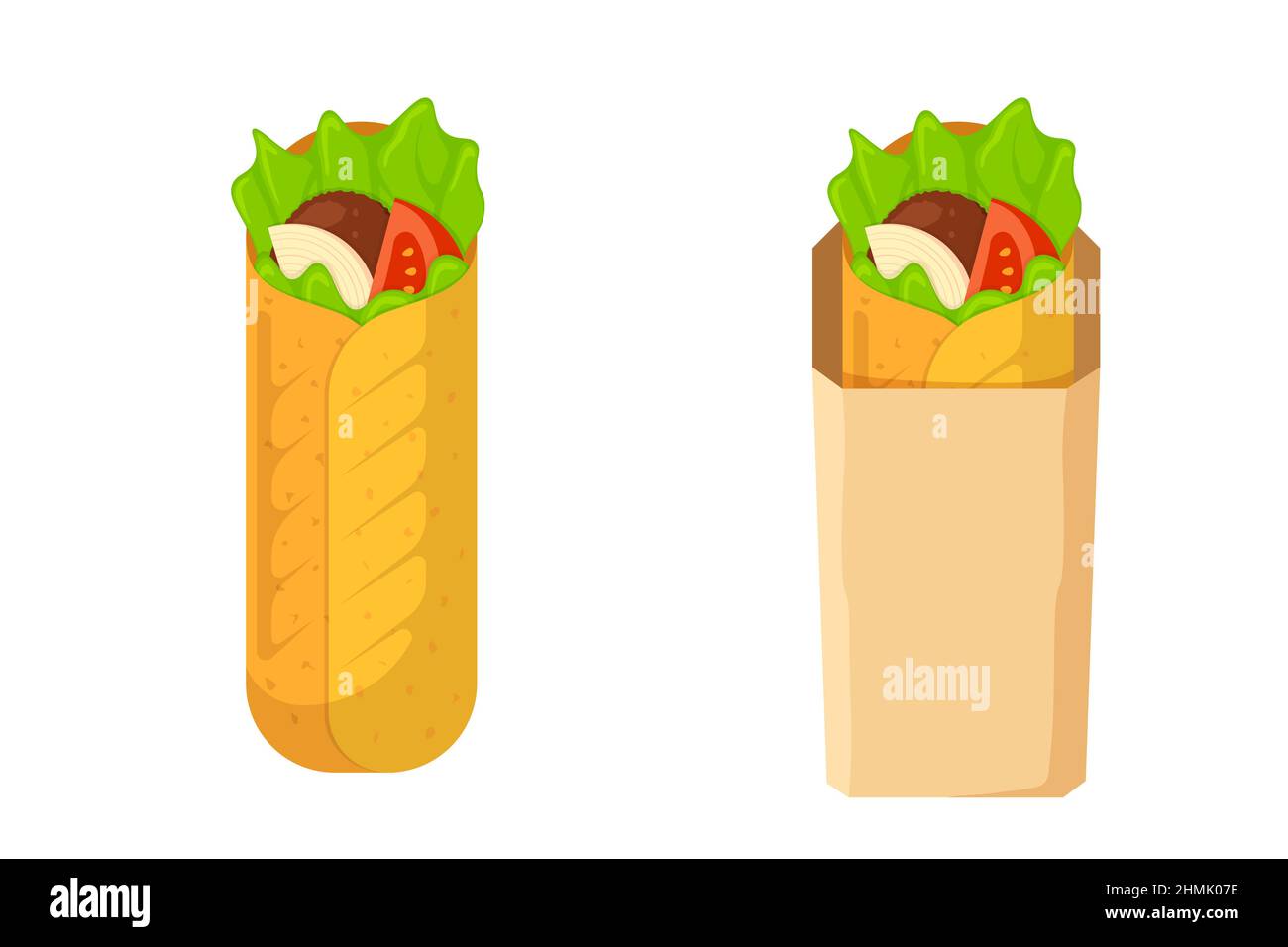 Shawarma nehmen Fast-Food-Fleischrolle in Papierverpackungen. Arabisch-östlicher Kebab-Döner. Cartoon Shaurma oder Burrito. Shawerma setzt flache Vektor-eps-Illustration Stock Vektor