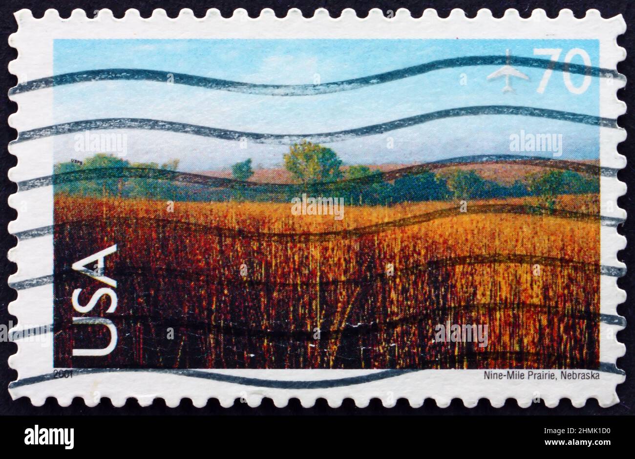 USA - UM 2001: Eine in den USA gedruckte Marke zeigt Nine-Mile Prairie, ein Trakt aus konserviert Tallgrass Prärie in Lancaster County, Nebraska, um 2 Stockfoto