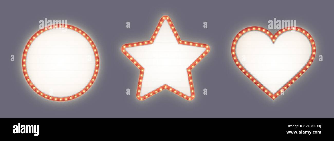 Retro-Leuchtkästen, rote Markentafeln - Kreis-, Stern- und Herzformen mit gelben Glühbirnen Stock Vektor