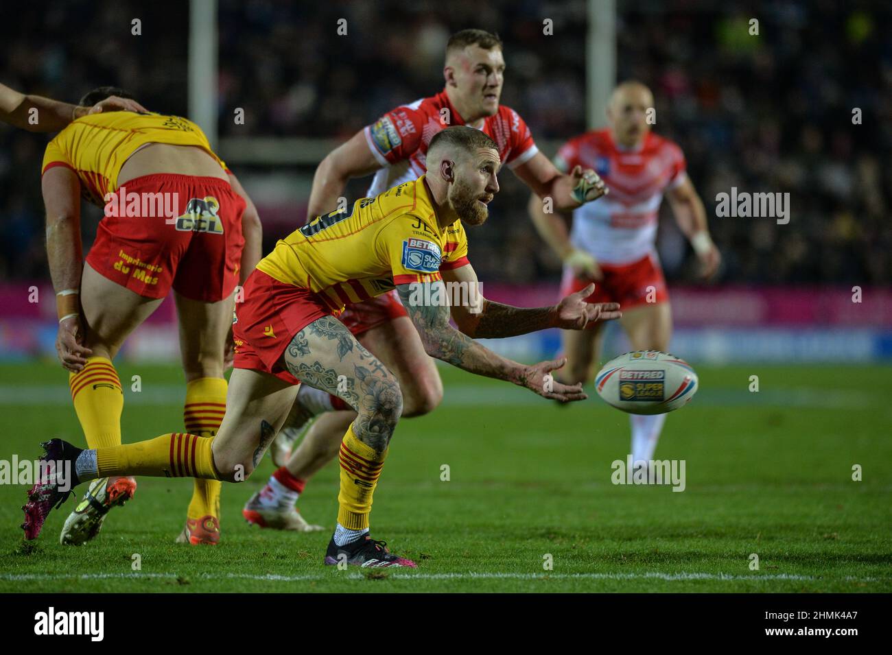 St. Helens, England - 10. Februar 2022 -Sam Tomkins von Catalan Dragons startet Angriff während der Rugby League Betfred Super League Runde 1 St. Helens gegen Catalan Dragons im Totally Wicked Stadium, St. Helens, UK Dean Williams Stockfoto