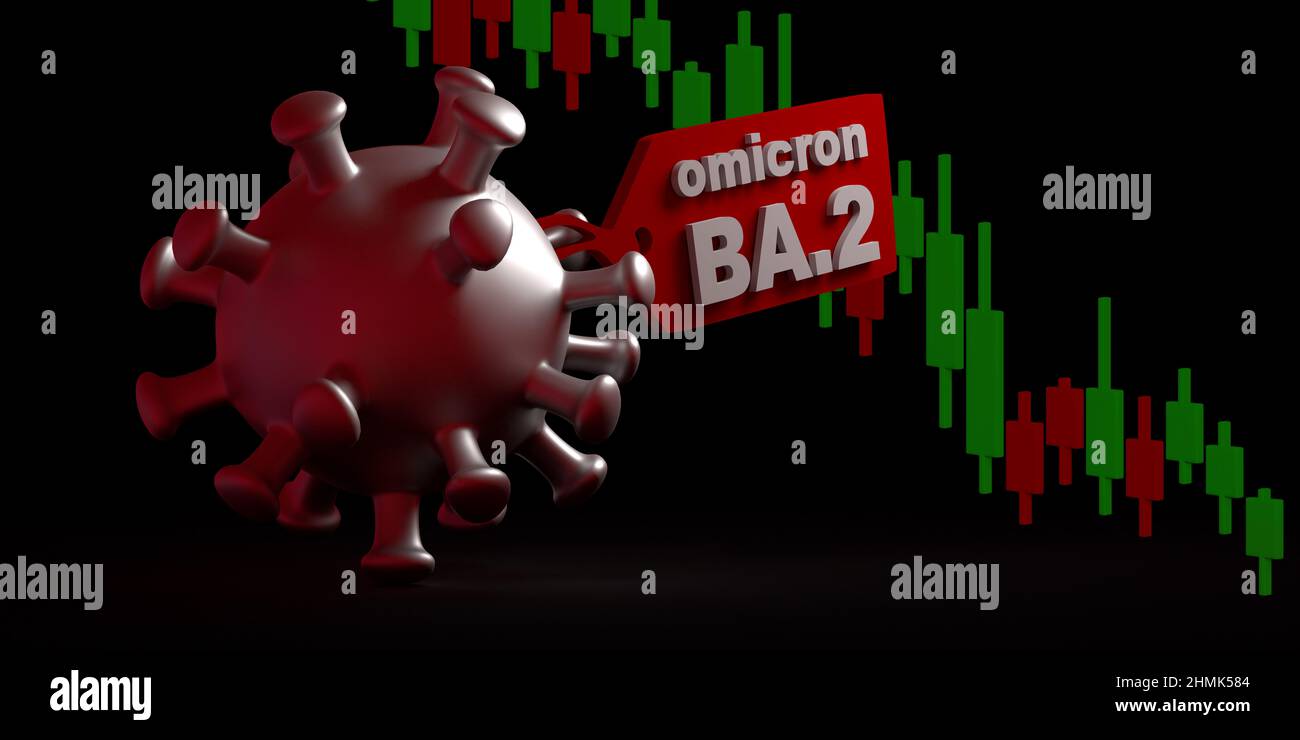 Breaking News Krisen: Mutiertes Virus Omicron BA.2 Subvariante des SARS-CoV-2-Coronavirus, das sich auf die Börsen auswirkt. 3D gerenderte Bakterienzelle Stockfoto
