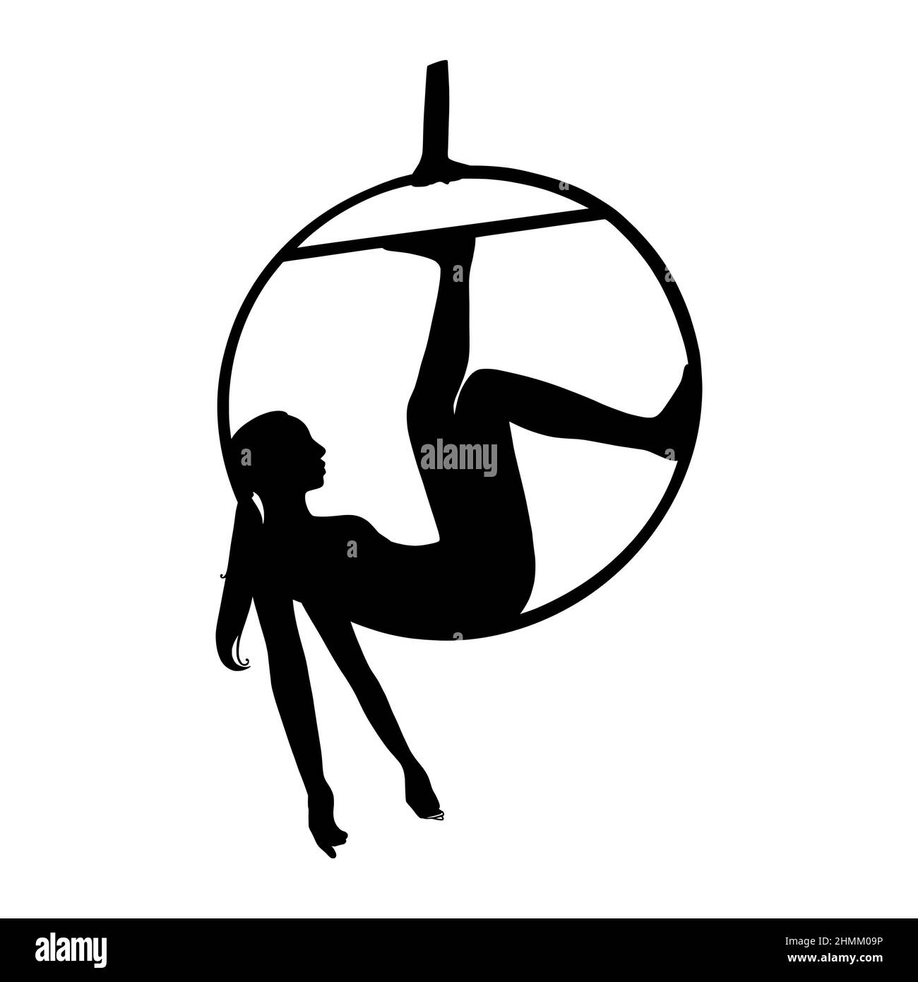 Luftaufnahme weibliche Turnerin Silhouette in Reifen. Luftturnstunts. Vektordarstellung auf weißem Hintergrund isoliert Stock Vektor