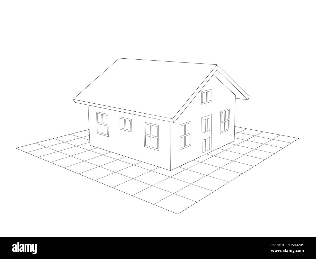 Einfache Design-Perspektive Zeichnung eines einstöckigen Hauses. Schwarze Linien Illustration Stockfoto