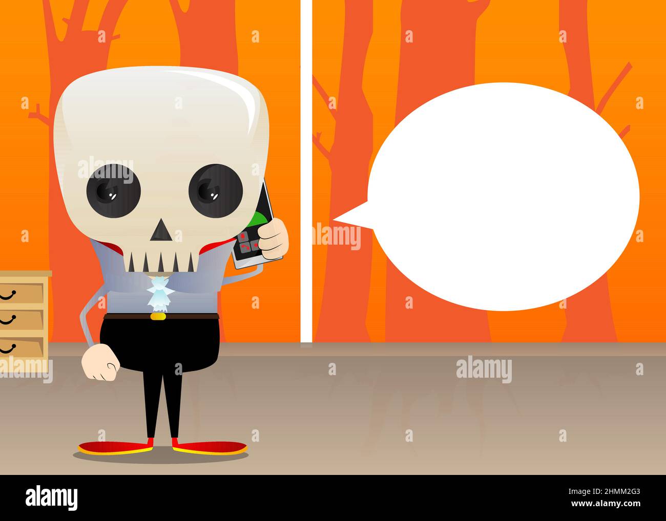 Kind für Halloween gekleidet im Gespräch auf Handy. Vektor Cartoon Figur Illustration von Kindern bereit zu Trick or Treat. Stock Vektor