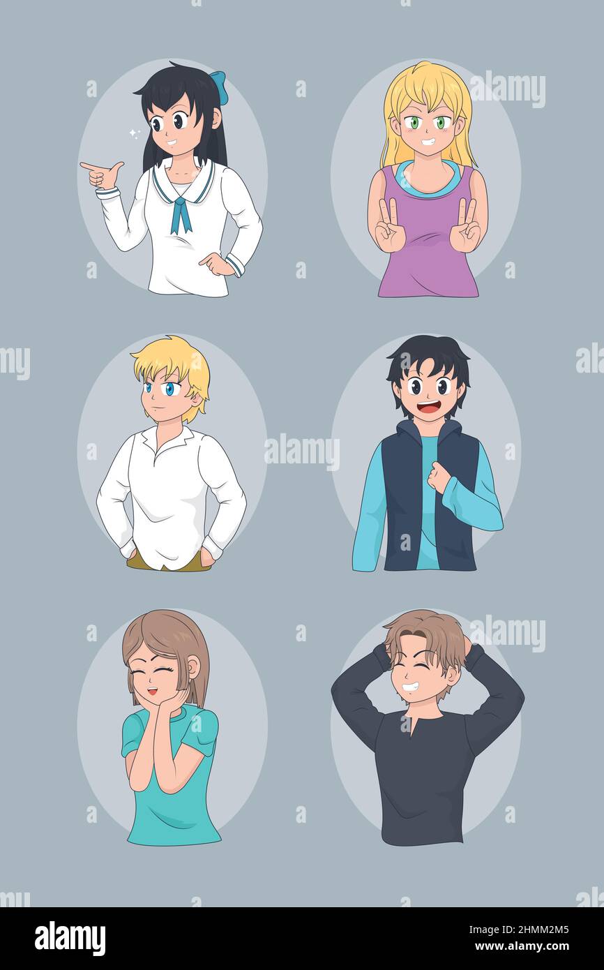 Anime People Symbol auf grauem Hintergrund gesetzt Stock Vektor