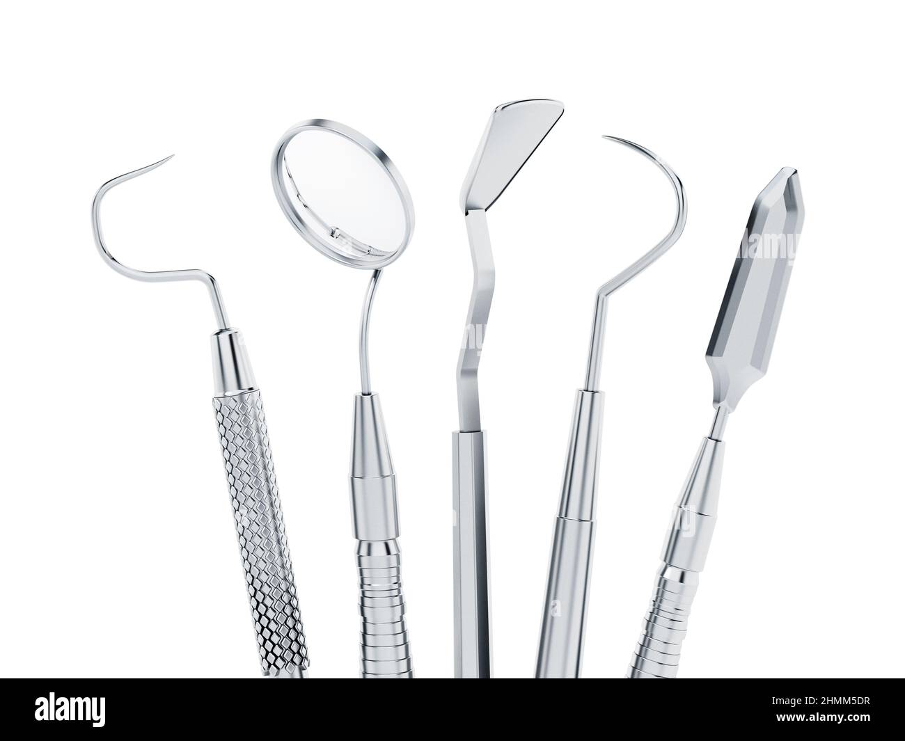 Satz von Zahnarztwerkzeugen isoliert auf weißem Hintergrund. 3D Abbildung. Stockfoto