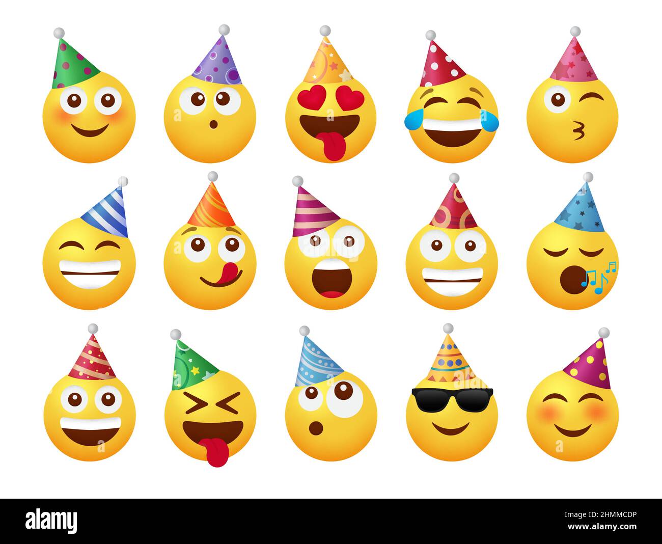 Geburtstag Emojis Charakter Vektor-Set-Design. Geburtstag Emoji Gesichter in Party Hüte Muster 