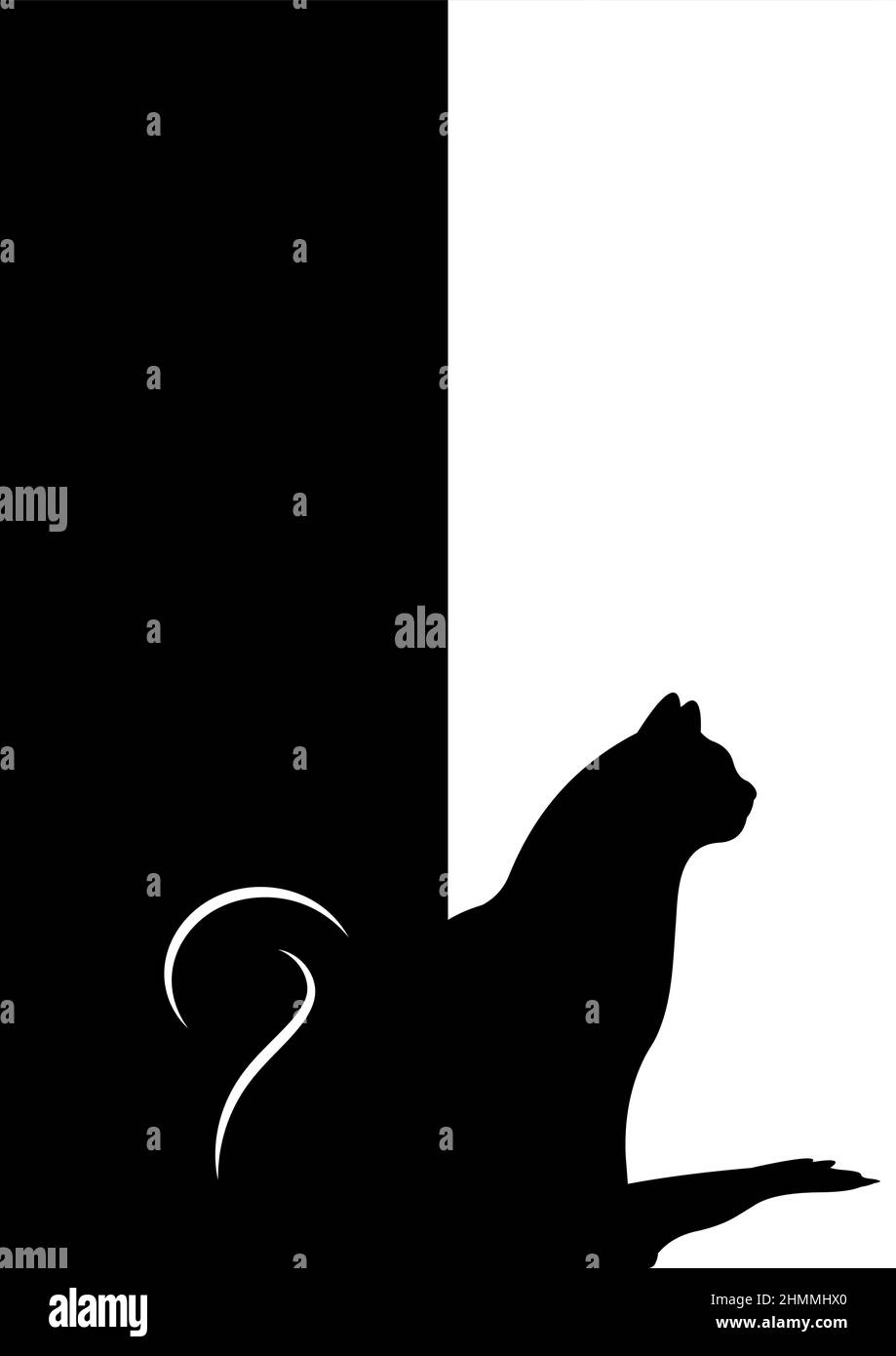 Hausschwarze Katze sitzt an offener Tür. Silhouette der Katze auf weißem Hintergrund. Vertikale Vektordarstellung in Schwarzweiß Stock Vektor