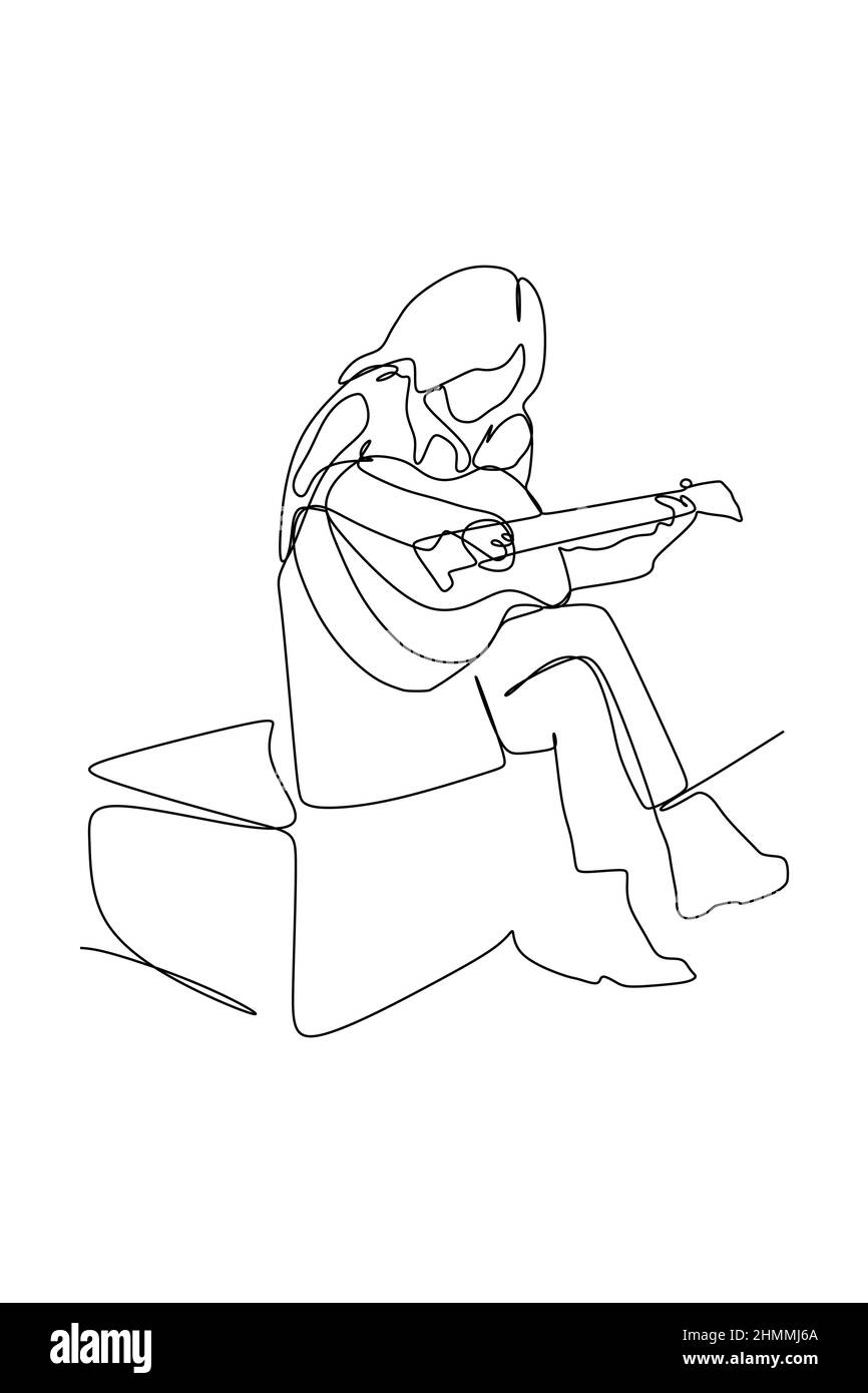 Kontinuierliche Linienzeichnung der weiblichen sitzenden Gitarristin, die Gitarre spielt. Dynamische Musiker Künstler Performance Konzept einzeilige Grafik zeichnen Design vecto Stockfoto