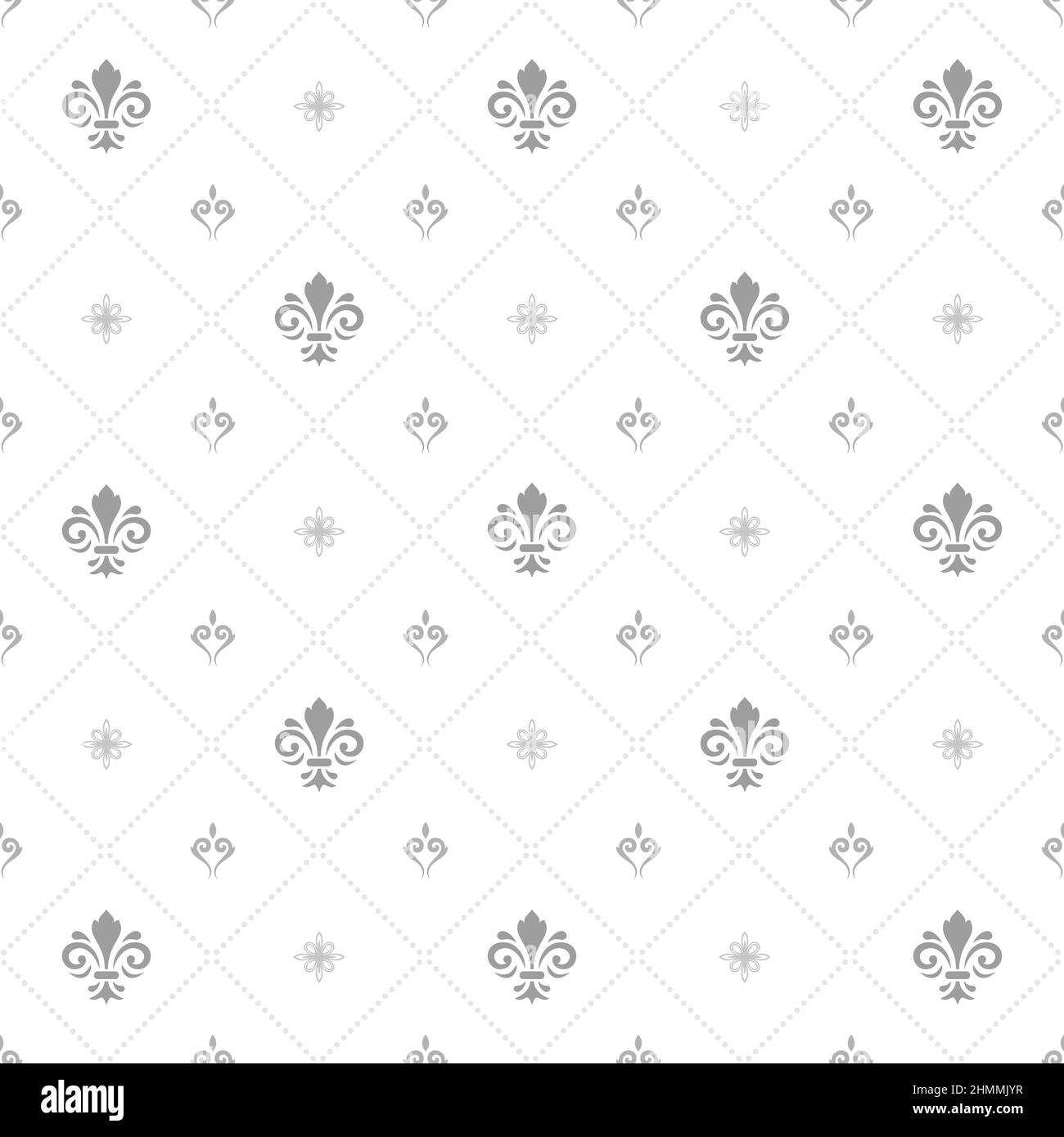 Nahtloses Muster. Moderne geometrische Licht Silber Ornament mit königlichen Lilien. Klassischer Vintage-Hintergrund Stockfoto