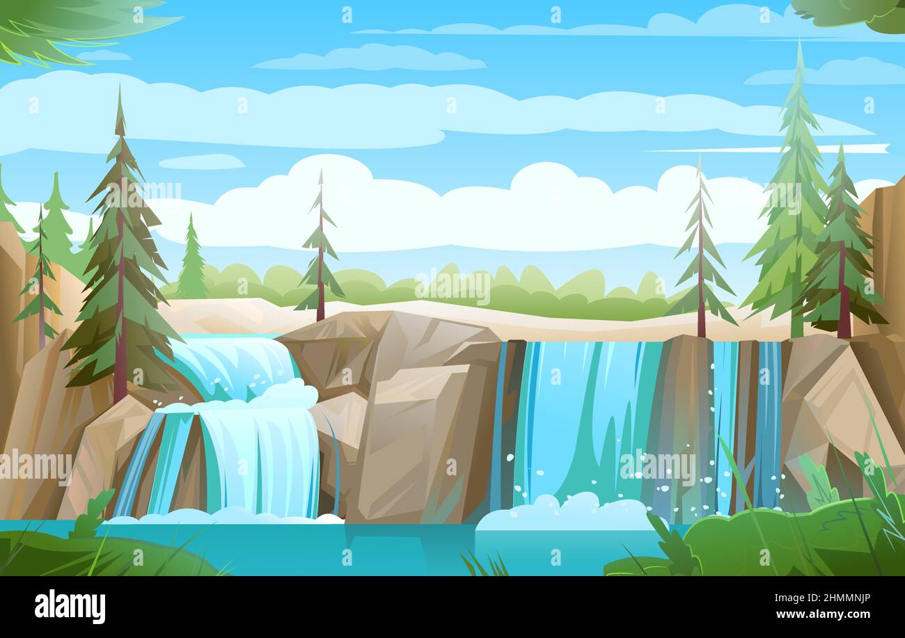 See und Pinien. Landschaft mit Wasserfall zwischen Felsen. Kaskade schimmert nach unten. Fließendes Wasser. Schöner Cartoon-Stil. Flaches Design. Vektor. Stock Vektor