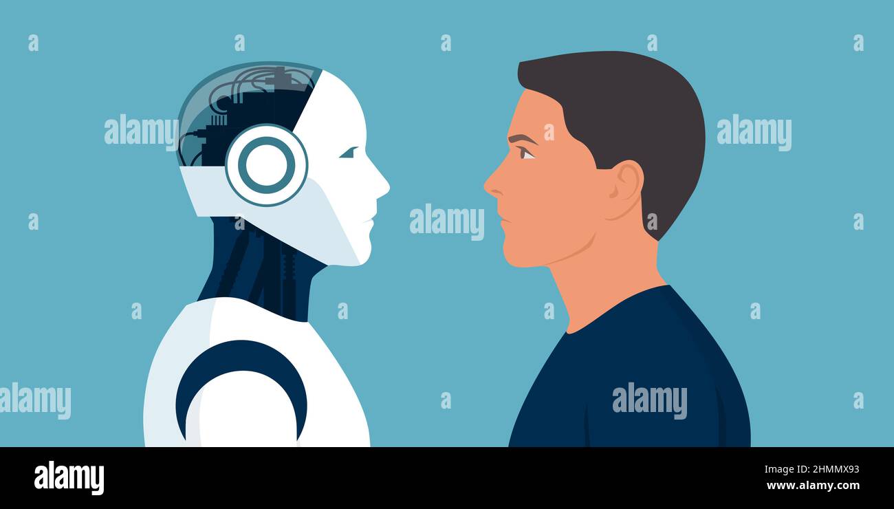 Maschine vs Mensch: KI-Roboter und Mensch stehen einander gegenüber Stock Vektor