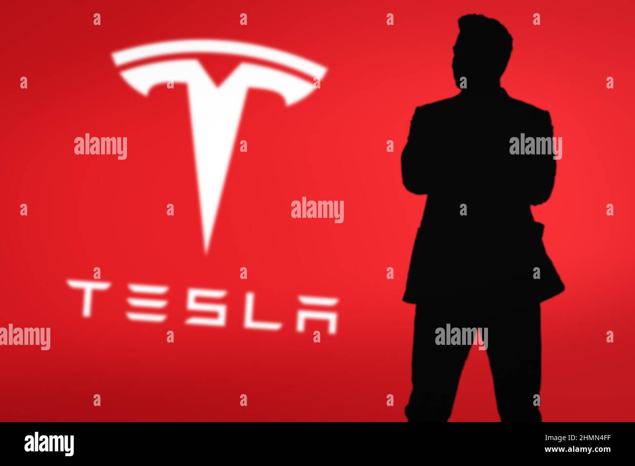 Elon Musk Silhouette mit Tesla-Logo im Hintergrund Stockfoto