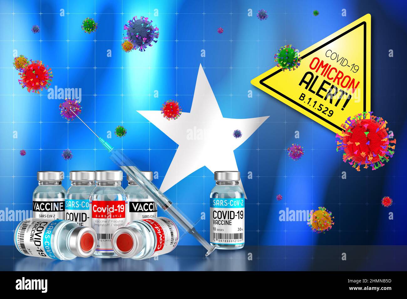 Covid-19 Omicron B.1.1.529 Variantenalarm, Impfprogramm in Somalia - 3D Abbildung Stockfoto