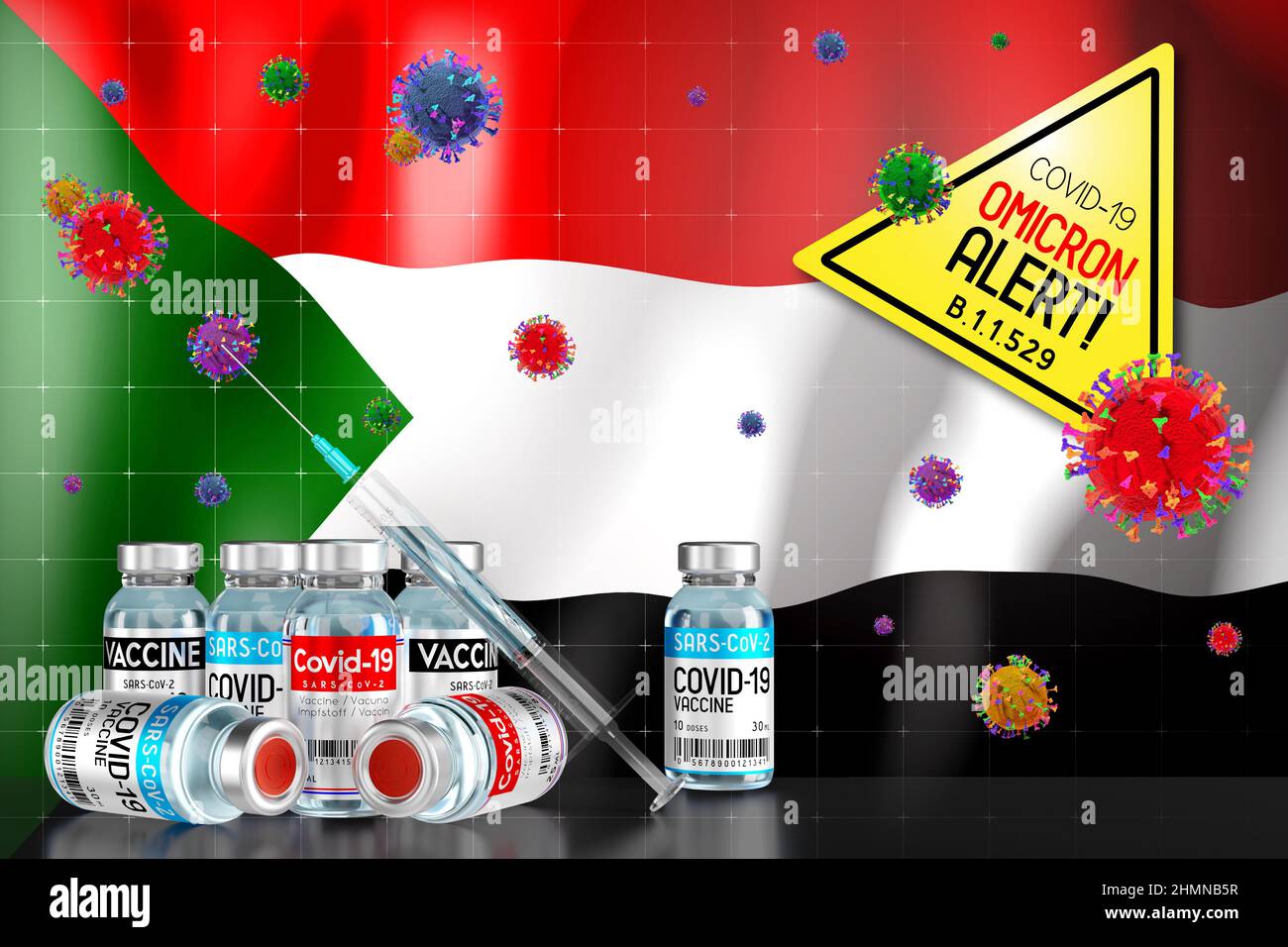 Covid-19 Omicron B.1.1.529 Variantenalarm, Impfprogramm im Sudan - 3D Abbildung Stockfoto