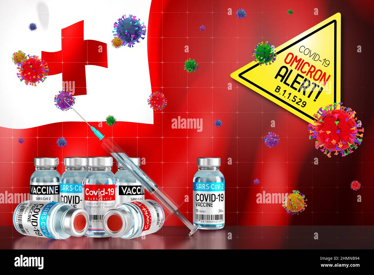 Covid-19 Omicron B.1.1.529 Variantenalarm, Impfprogramm in Tonga - 3D Abbildung Stockfoto