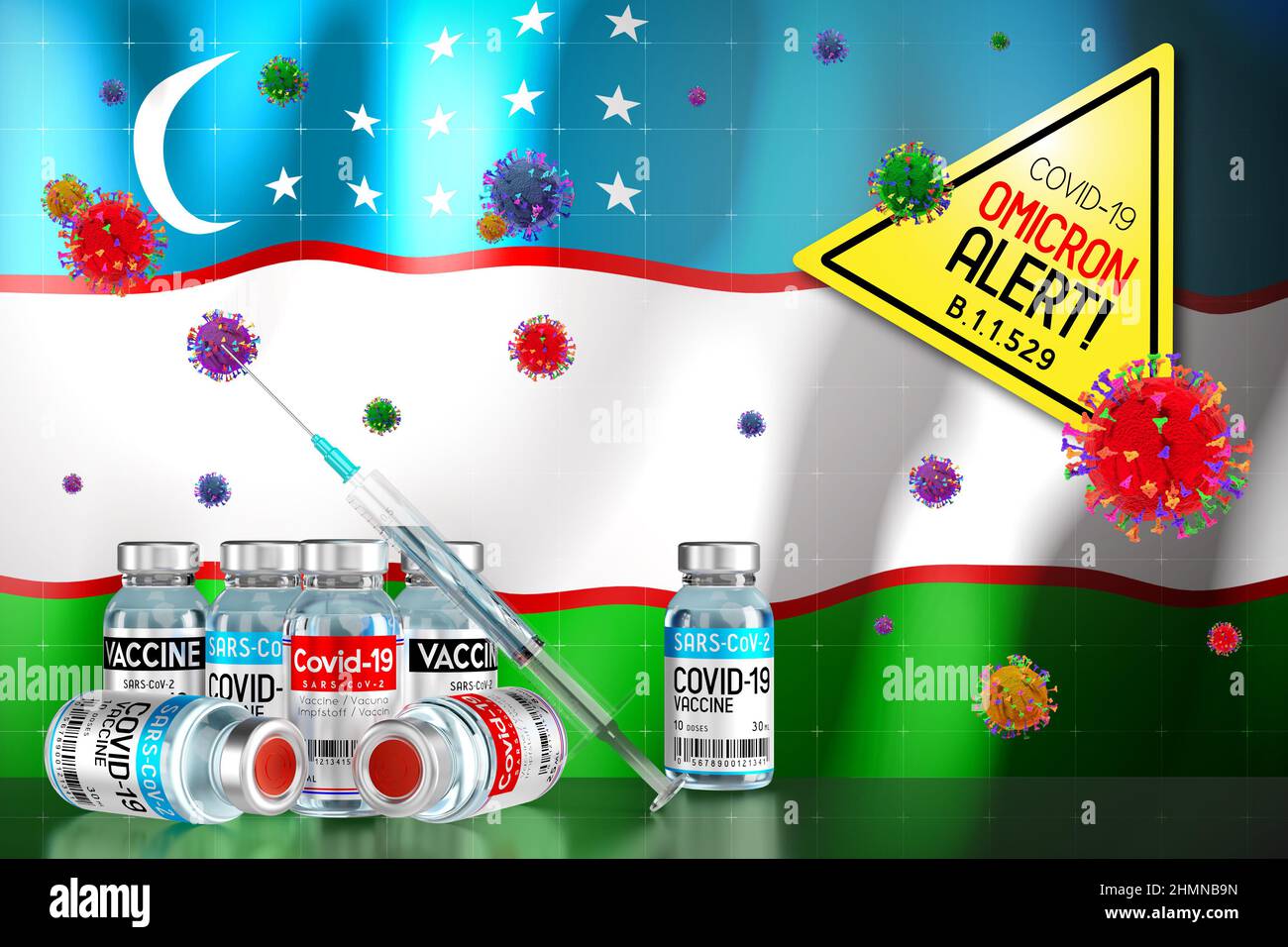 Covid-19 Omicron B.1.1.529 Variantenalarm, Impfprogramm in Usbekistan - 3D Abbildung Stockfoto