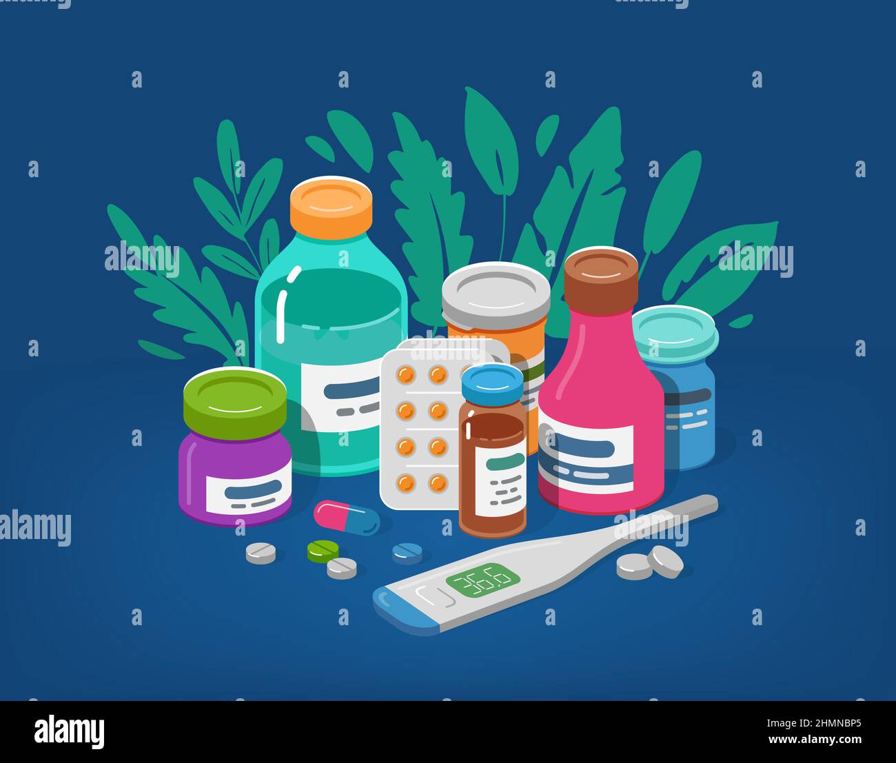 Arznei-Set. Medikamentenflasche, Tablettenvektor. Pharmazie und Gesundheitskonzept Stock Vektor