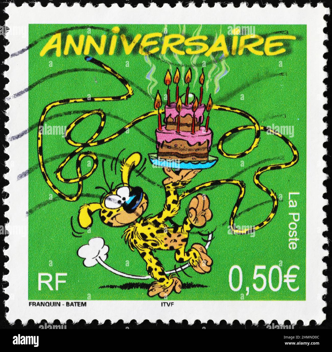 Cartoon Marsupilami auf französischer Briefmarke Stockfoto