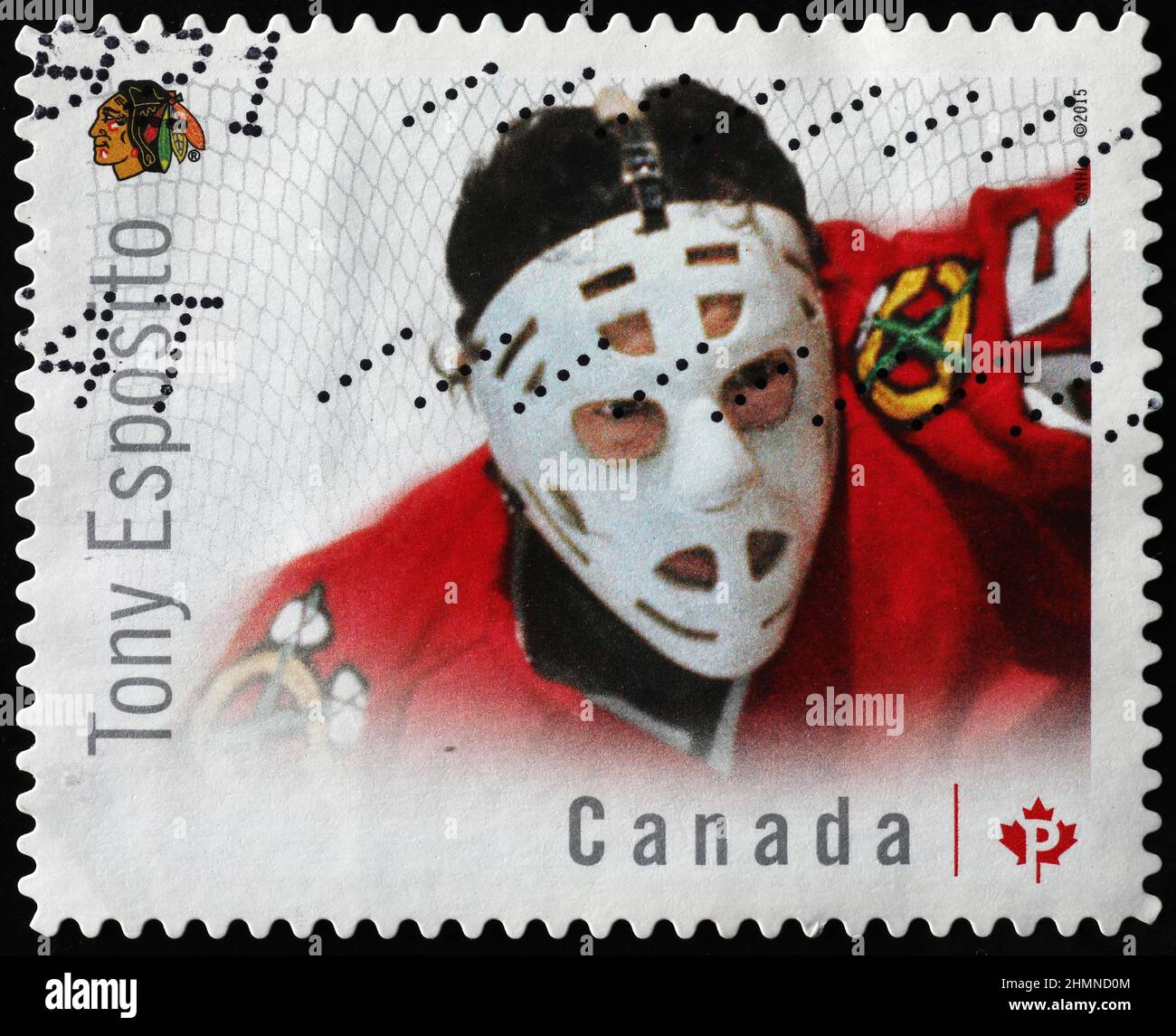 Der kanadische Hockeyspieler Tony Esposito auf der Briefmarke Stockfoto