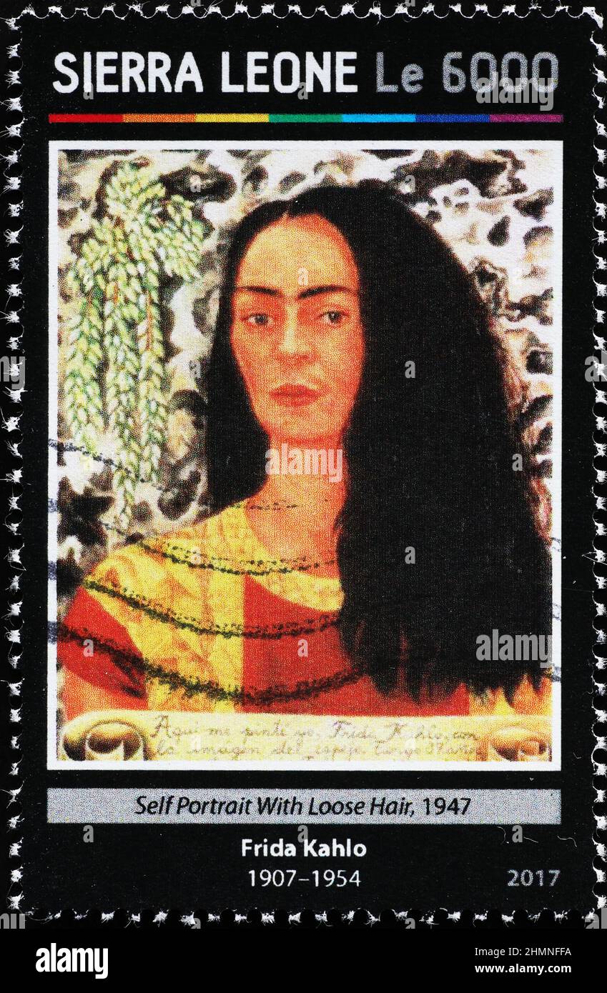Selbstportrait mit lockeren Haaren von Frida Kahlo auf Briefmarke Stockfoto