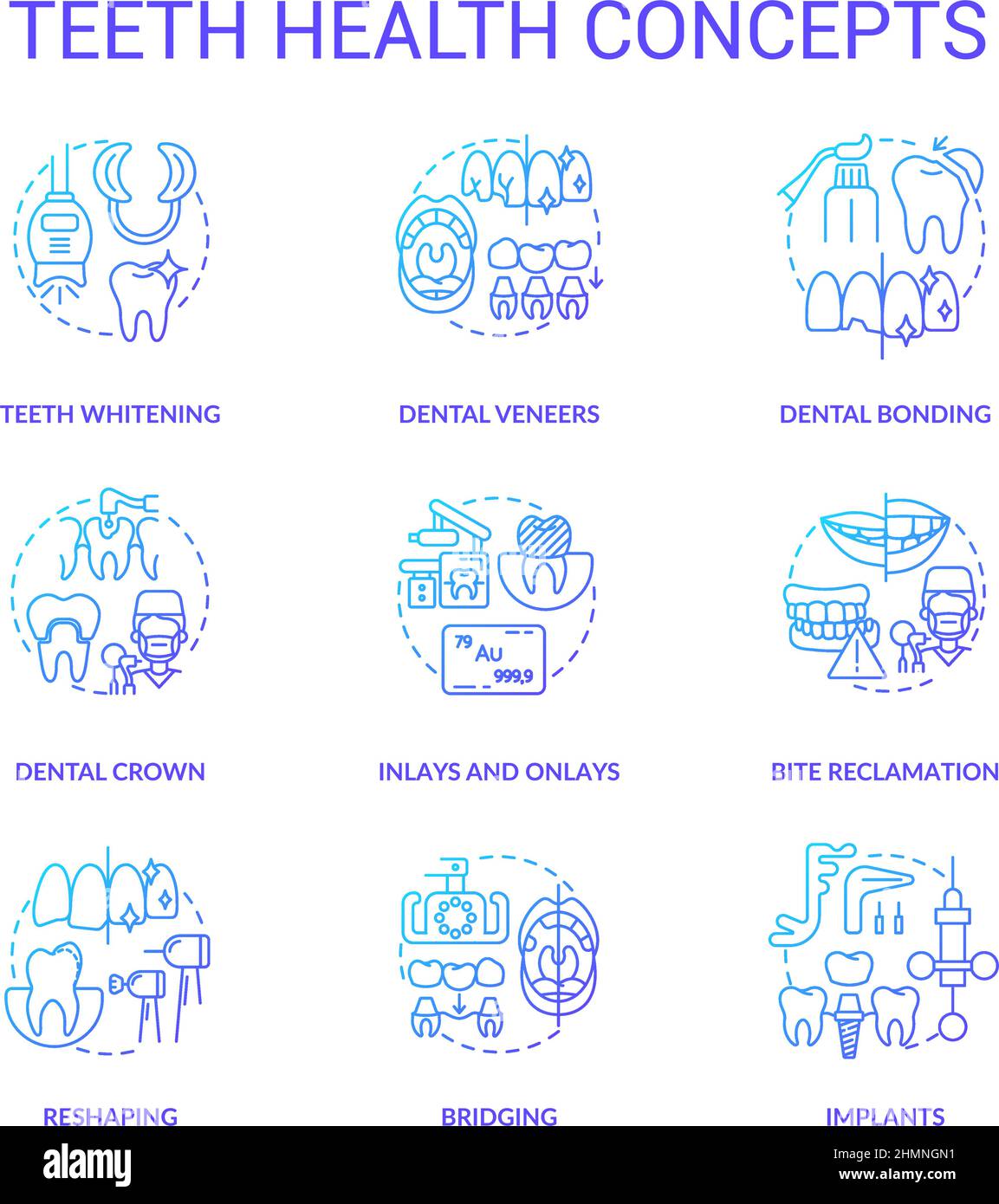 Symbole für das Zahngesundheitskonzept mit blauem Gradient gesetzt Stock Vektor