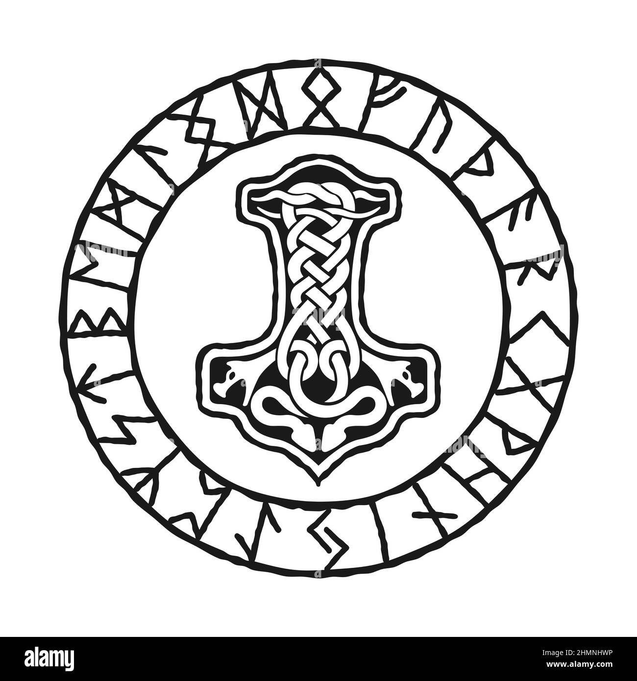 Mjolnir - Thors Hammer, Zeichnung in keltischen Knoten Design, und nordische Runen Kreis, isoliert auf weiß, Vektor-Illustration. Wikinger-Stil, Design-Vorlage Stock Vektor