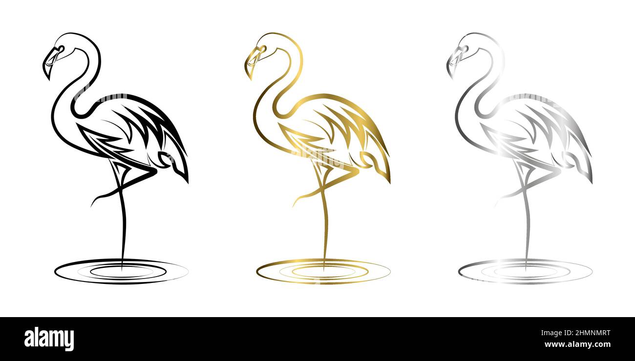 Linienkunst Vektor Illustration von Flamingo. Er steht mit einem Bein. Stock Vektor