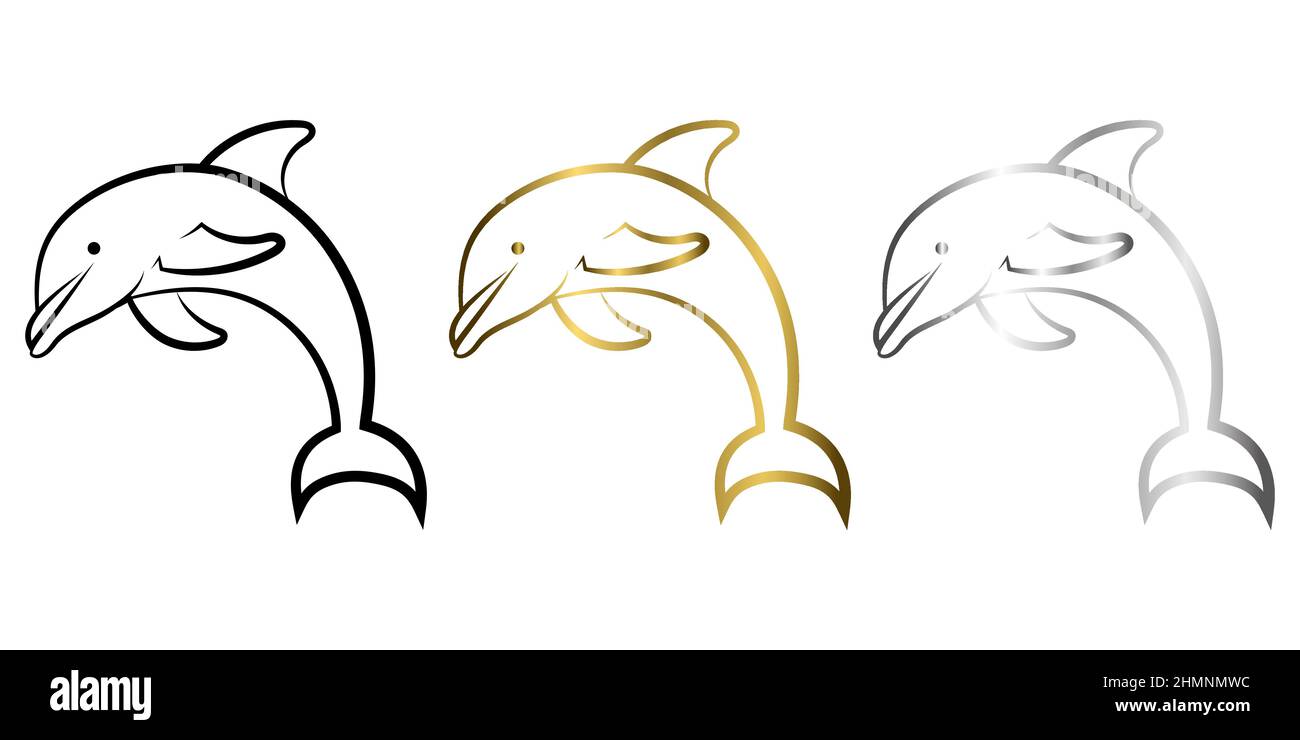 Dreifarbige Darstellung eines Delphins in Schwarz-Gold und Silber Stock Vektor