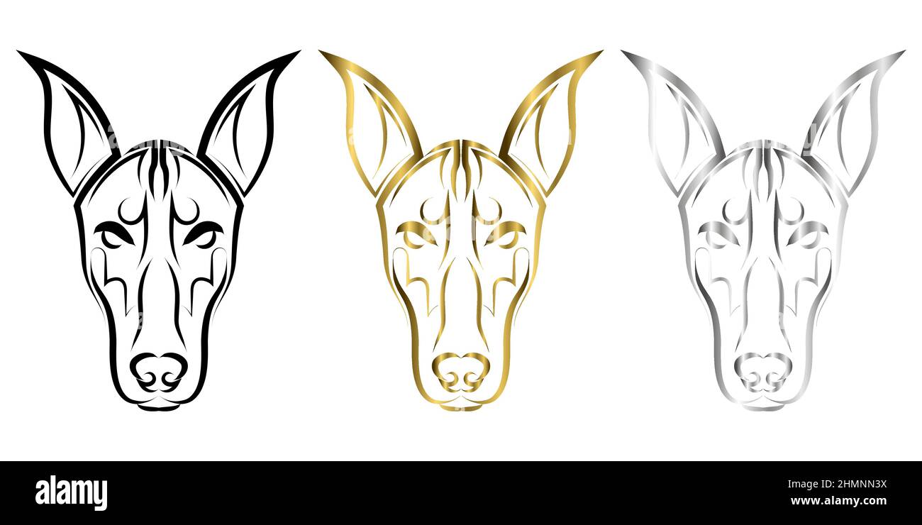 Schwarze Gold- und Silberlinikunst des Dobermann Pinscher Hundekopfes. Stock Vektor