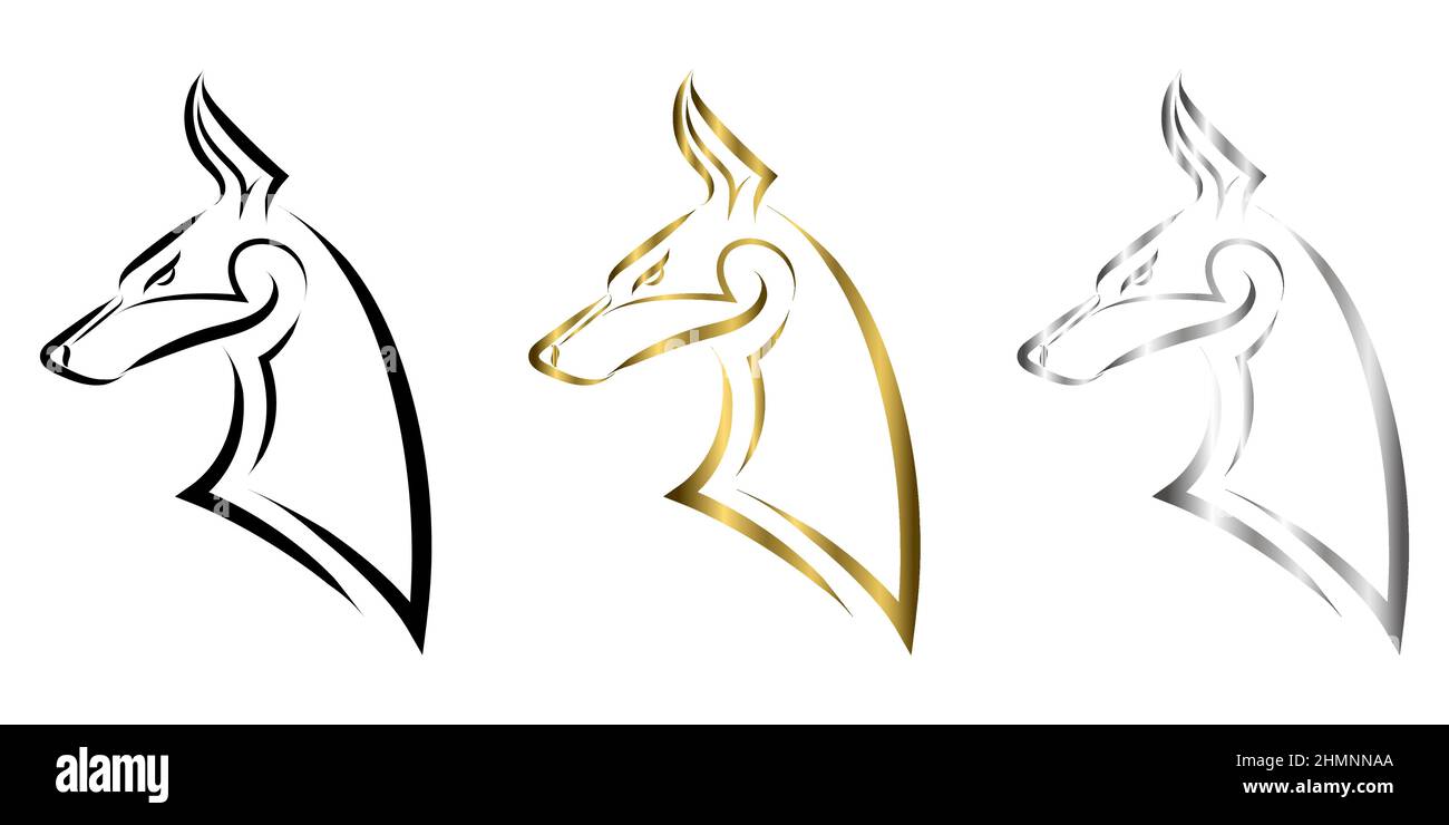 Schwarze Gold- und Silberlinikunst des Dobermann Pinscher Hundekopfes. Stock Vektor