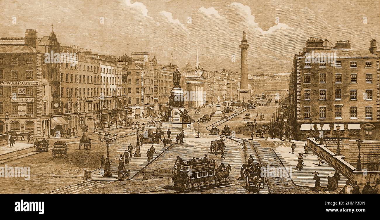 Ein alter Stich von Sackville Street, Dublin, Irland, wie er 1897 war. Von der O'Connell Bridge aus gesehen, umfasst der Blick das O'Connell Monument, das Nelson Monument und das Postamt (links) Stockfoto