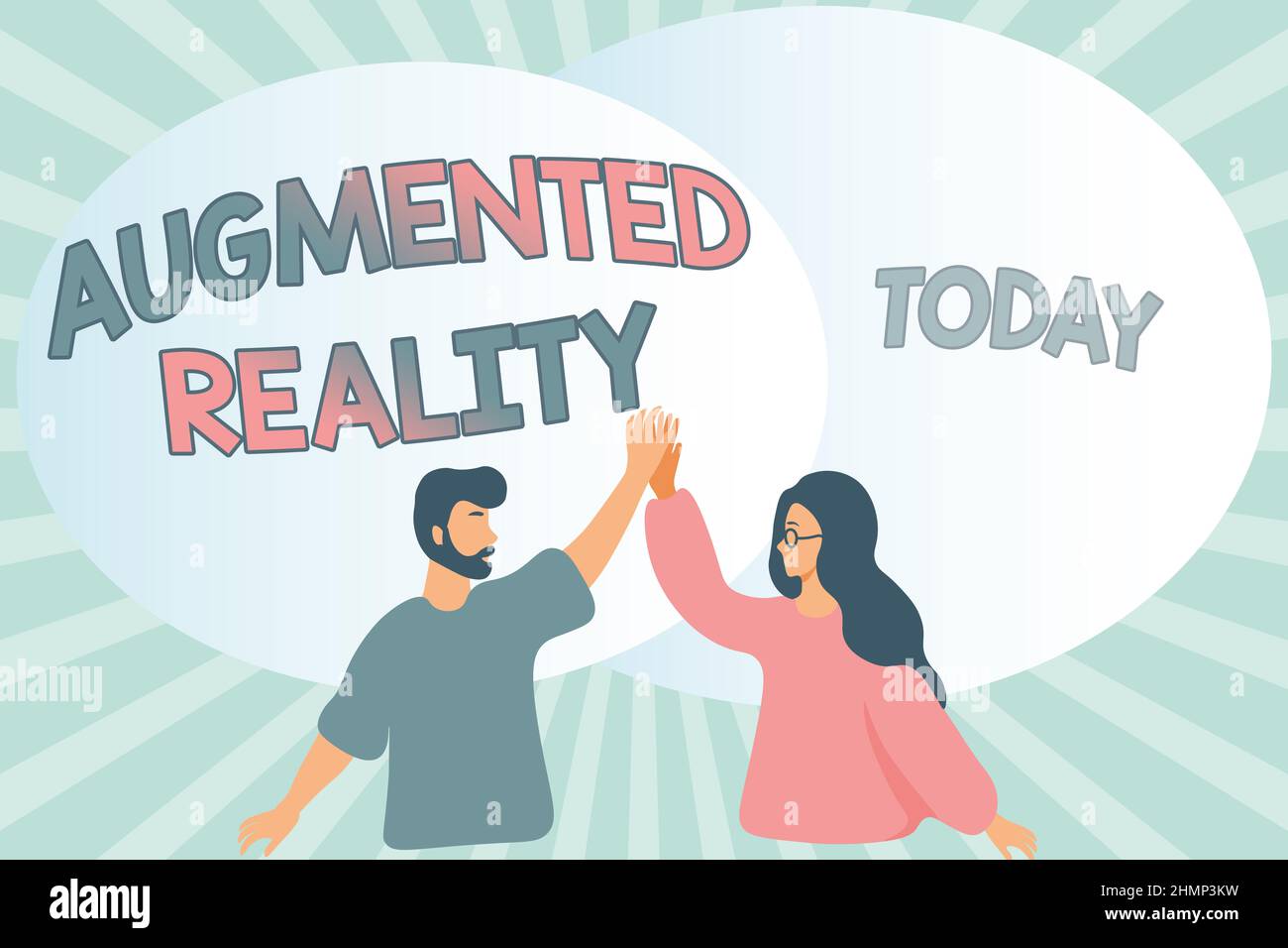 Textschild mit Augmented Reality. Konzept bedeutet interaktive Erfahrung einer realen Umgebung glückliche Kollegen Illustration Giving High Fives Stockfoto