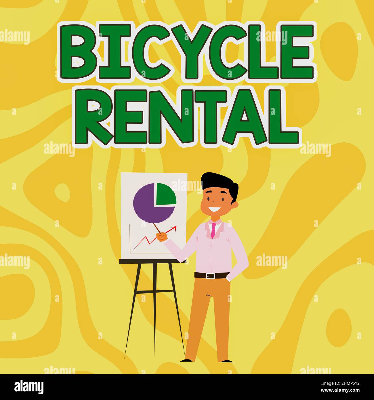 Textunterschrift zur Darstellung von Fahrradverleih. Geschäftskonzept ein Unternehmen, das Fahrräder an Touristen oder Geschäftsreisende vermietet, die in legerer Kleidung geschäftlich unterwegs sind Stockfoto