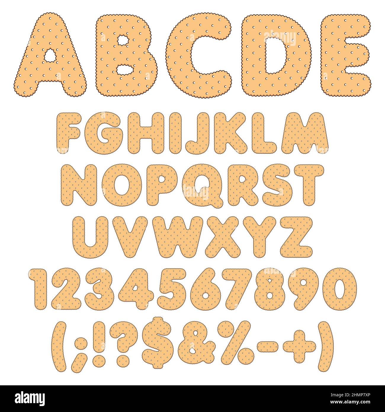 Alphabet, Buchstaben, Zahlen und Zeichen aus gemeißelten Cookies. Satz farbiger isolierter Vektorobjekte auf weißem Hintergrund. Stock Vektor
