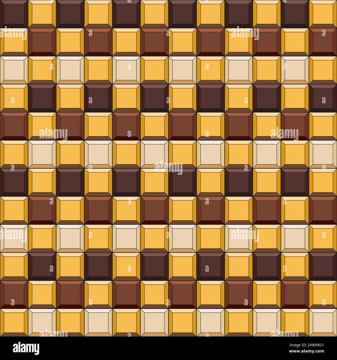 Nahtloses Muster aus Schokoladenwürfeln, Süßigkeiten. Farbiger Vektorhintergrund. Stock Vektor